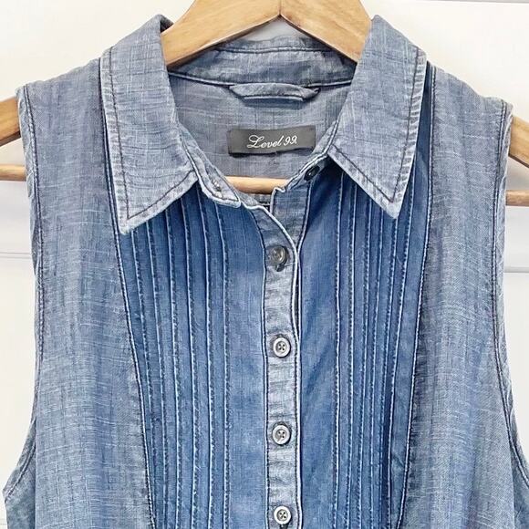 Level 99 Shirt Dress Womens Small Chambray Tencel Linen Pintuck Minimal Coastal - Picture 4 of 9